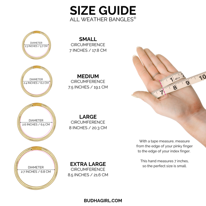 Size guide for bangles with hand measurement and bangle circumference details, sourced from Budhagirl.com.