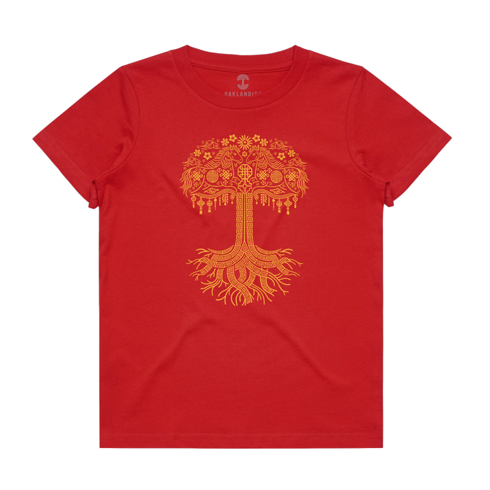 The Oaklandish Toddler Fire Horse Tee is a red short-sleeved shirt featuring a detailed orange stylized tree graphic with ornate branches, leaves, roots, and decorative patterns centered on the chest. Shirt is shown laid flat on a white background.