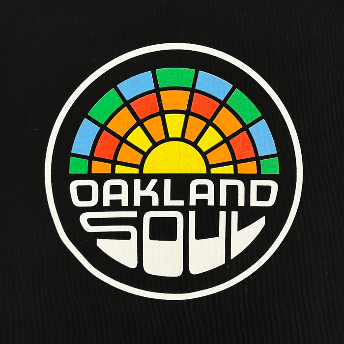 The image features a Toddler Oakland Soul Logo Tee by Oakland Soul, displaying a circular design on a black background. It highlights a stylized sunset with rays in green, orange, and blue. Below the sunset, "Oakland Soul" is written in bold, geometric white font—a symbol celebrating women's soccer and the USL W-League.