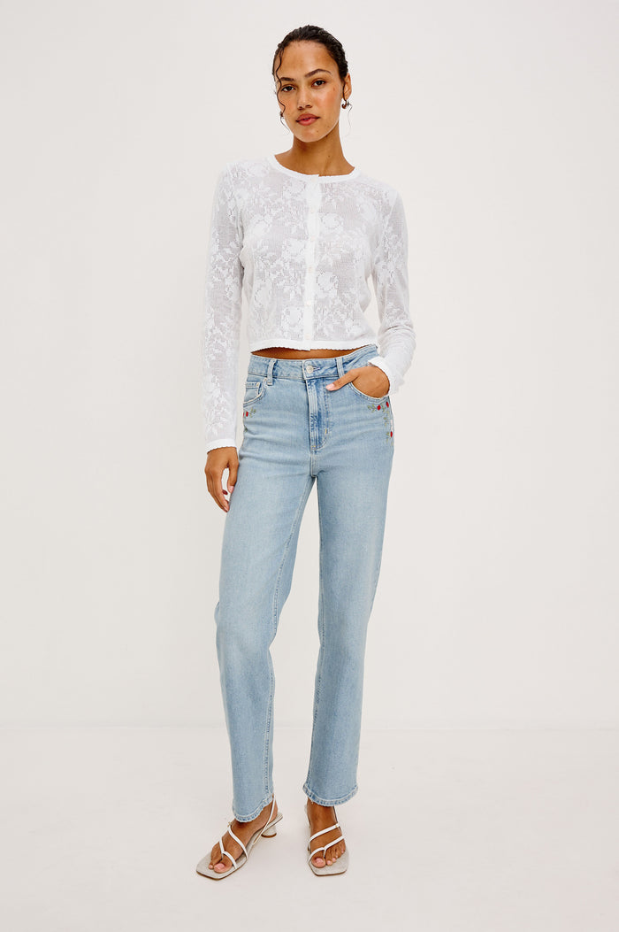 Topanga High-Rise Wide Straight Leg Jean in Denim With 5-Pockets, Embroidery, and Front Zip-Fly in Dainty Rose Colorway - Lower Body Front View Featured on Model