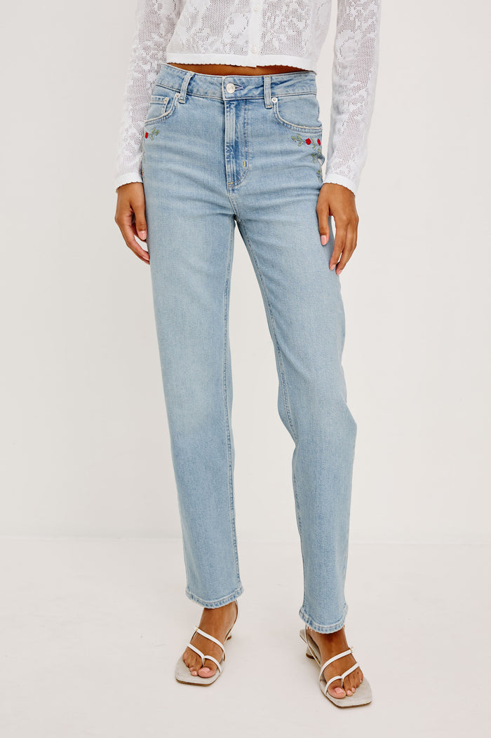 Topanga High-Rise Wide Straight Leg Jean in Denim With 5-Pockets, Embroidery, and Front Zip-Fly in Dainty Rose Colorway - Full Body Front View Featured on Model