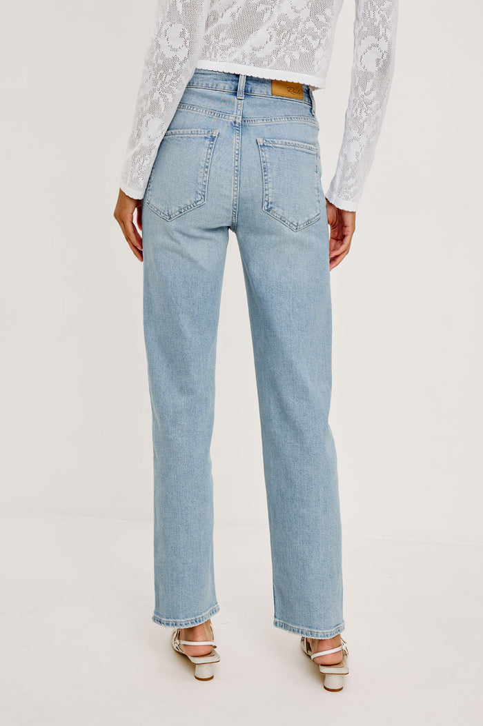 Topanga High-Rise Wide Straight Leg Jean in Denim With 5-Pockets, Embroidery, and Front Zip-Fly in Dainty Rose Colorway - Lower Body Back View Featured on Model