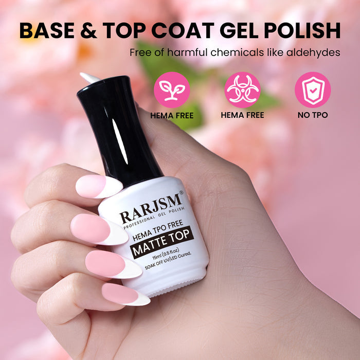 TPO & HEMA Free Base Coat and Mess Free Matte Top Coat Set 15ml – No Wipe Matte Gel Top Coat Nail System