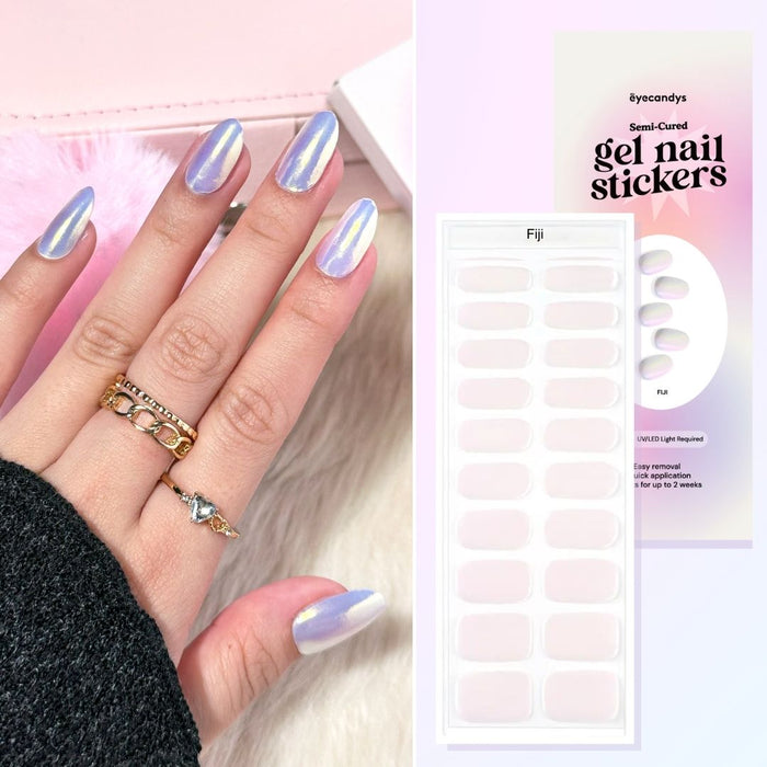 Hand showcasing EyeCandys Fiji gel nail stickers, DIY nails with trendy gel nail art design, long-lasting nail stickers