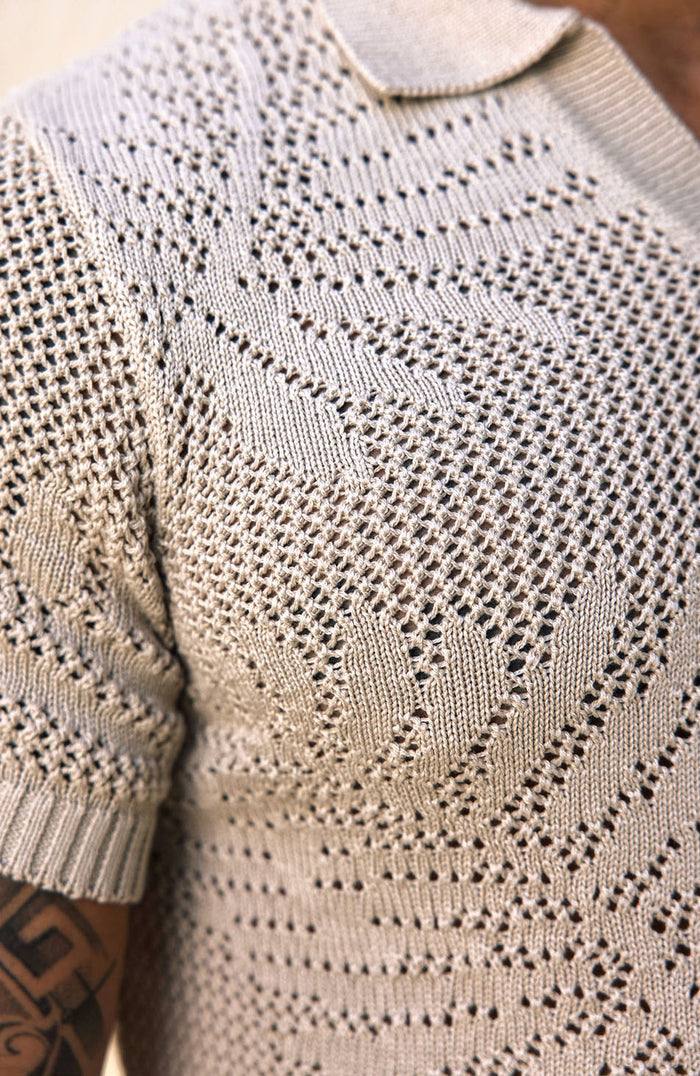 Tropics Relaxed Fit Crochet Knit Polo in Beige