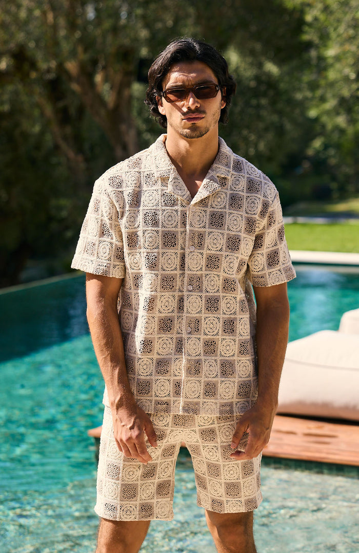 Tulum Checked Crochet Relaxed Fit Lined Shorts in Beige