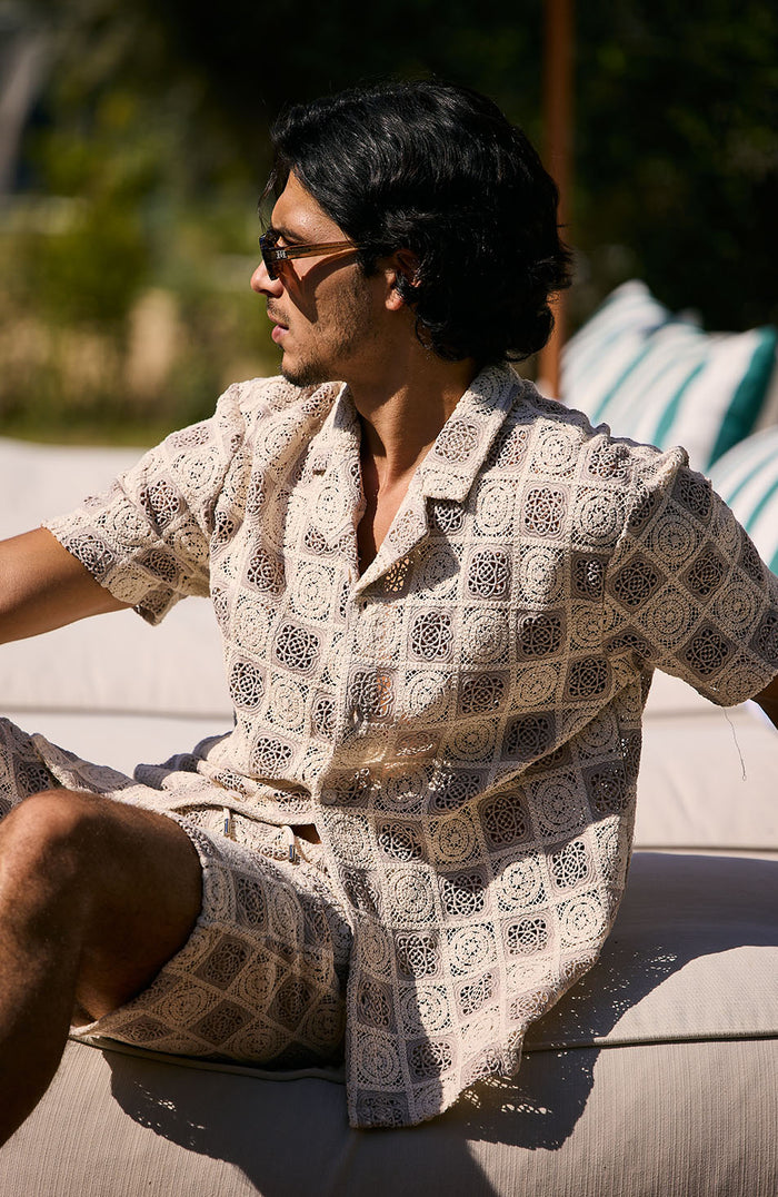 Tulum Relaxed Checked Crochet Shirt in Beige