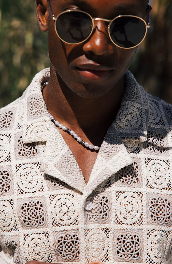 Tulum Relaxed Checked Crochet Shirt in Beige