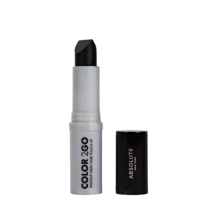 Absolute New York black hair touch up stick in silver tube open with black cap beside it