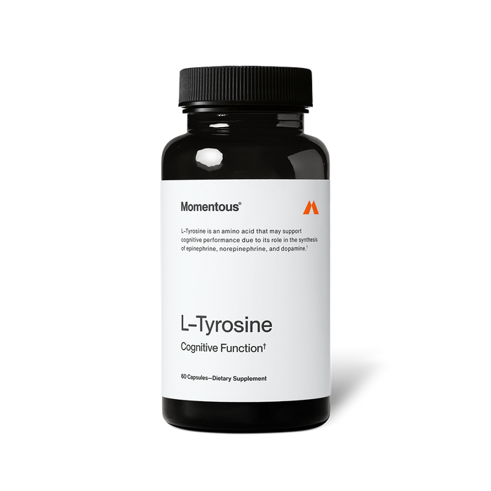 Black bottle labeled “Momentous L-Tyrosine Cognitive Function†.” Text reads: “L-Tyrosine is an amino acid that may support cognitive performance due to its role in the synthesis of epinephrine, norepinephrine, and dopamine.” Contains 60 capsules and labeled “Dietary Supplement.”