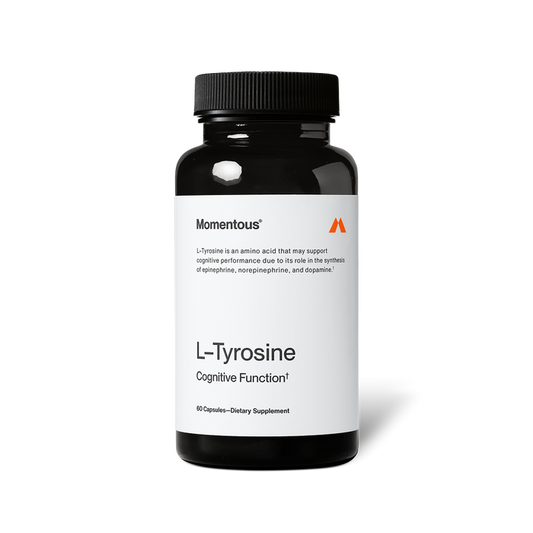 Black bottle labeled “Momentous L-Tyrosine Cognitive Function†.” Text reads: “L-Tyrosine is an amino acid that may support cognitive performance due to its role in the synthesis of epinephrine, norepinephrine, and dopamine.” Contains 60 capsules and labeled “Dietary Supplement.”