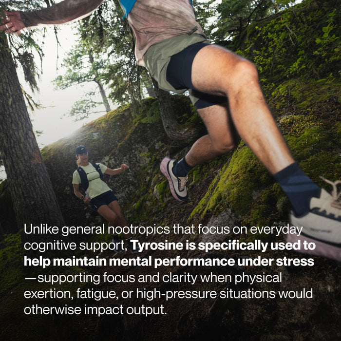 Trail runners descending a forest trail. Text reads: “Unlike general nootropics that focus on everyday cognitive support, Tyrosine is specifically used to help maintain mental performance under stress—supporting focus and clarity when physical exertion, fatigue, or high-pressure situations would otherwise impact output.”