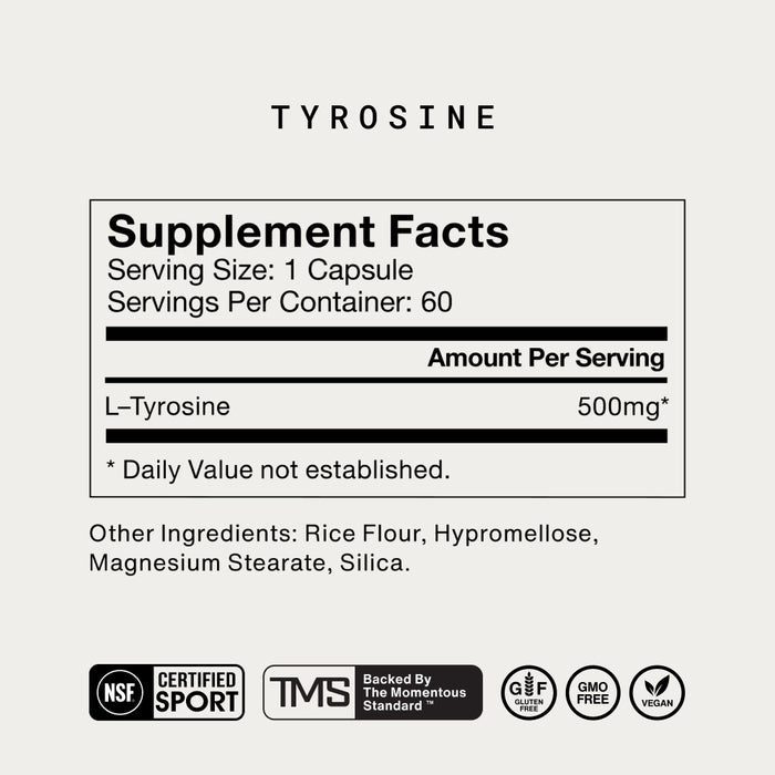 Image of label titled “TYROSINE Supplement Facts.” Serving Size: 1 Capsule. Servings Per Container: 60. Amount Per Serving: L-Tyrosine 500 mg. Daily Value not established. Other Ingredients: Rice Flour, Hypromellose, Magnesium Stearate, Silica. Icons indicate NSF Certified Sport, TMS (Backed by The Momentous Standard), Gluten Free, GMO Free, and Vegan.