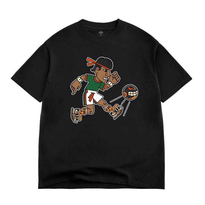 The Ulama Tee by Oaklandish is a men’s heavyweight cotton t-shirt featuring a cartoon football player in green, orange, and white sprinting alongside a grinning football in a helmet.