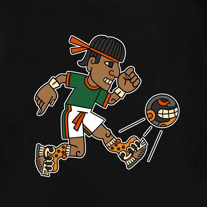Cartoon of an Aztec-style soccer player with a headband and clenched fist, in green Ulama Tee by Oaklandish and white shorts, wearing jaguar-patterned shoes, kicking a decorated smiling ball on a black background.