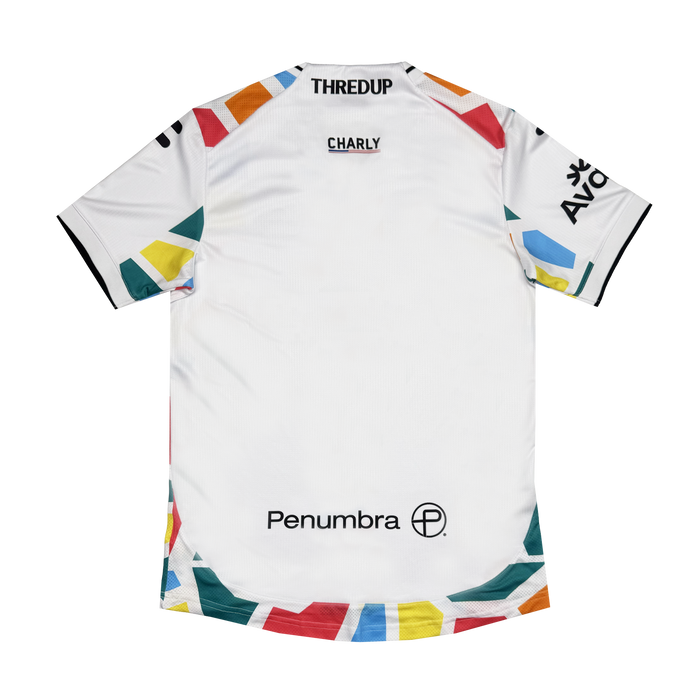 The Unisex Mosaic in Motion Kit by Oakland Roots SC features vibrant geometric mosaic patterns on the back, with black “THREDUP,” “CHARLY,” “AVO,” and “Penumbra” logos decorating the upper and lower sections.