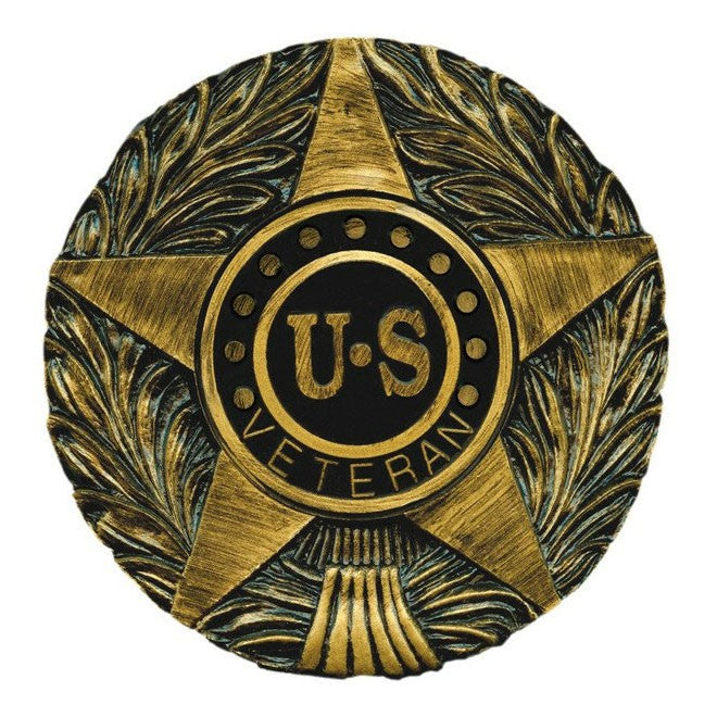 Close-up of U.S. Veteran memorial marker with bronze detailing