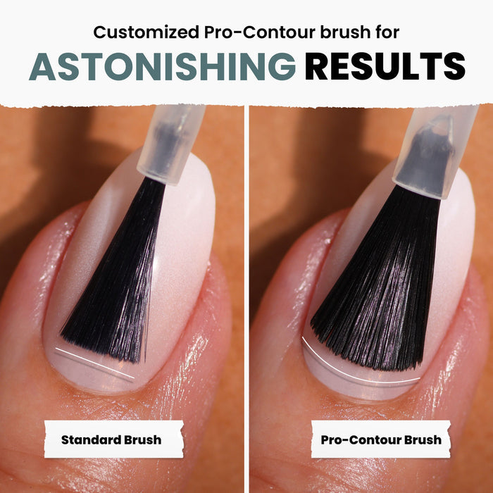 In this elegant description, a detailed comparison highlights the difference between a standard brush and LONDONTOWN's Velvet Drapes pro-contour brush, showing how the latter applies olive green polish for an even, flawless finish.