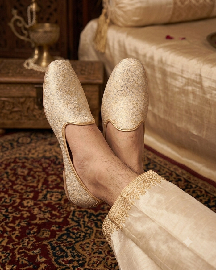 Very Comfortable Gold Brocade Loafer Style Mojri - Indian Mens shoes - Mojari , Khossay -  YD2603