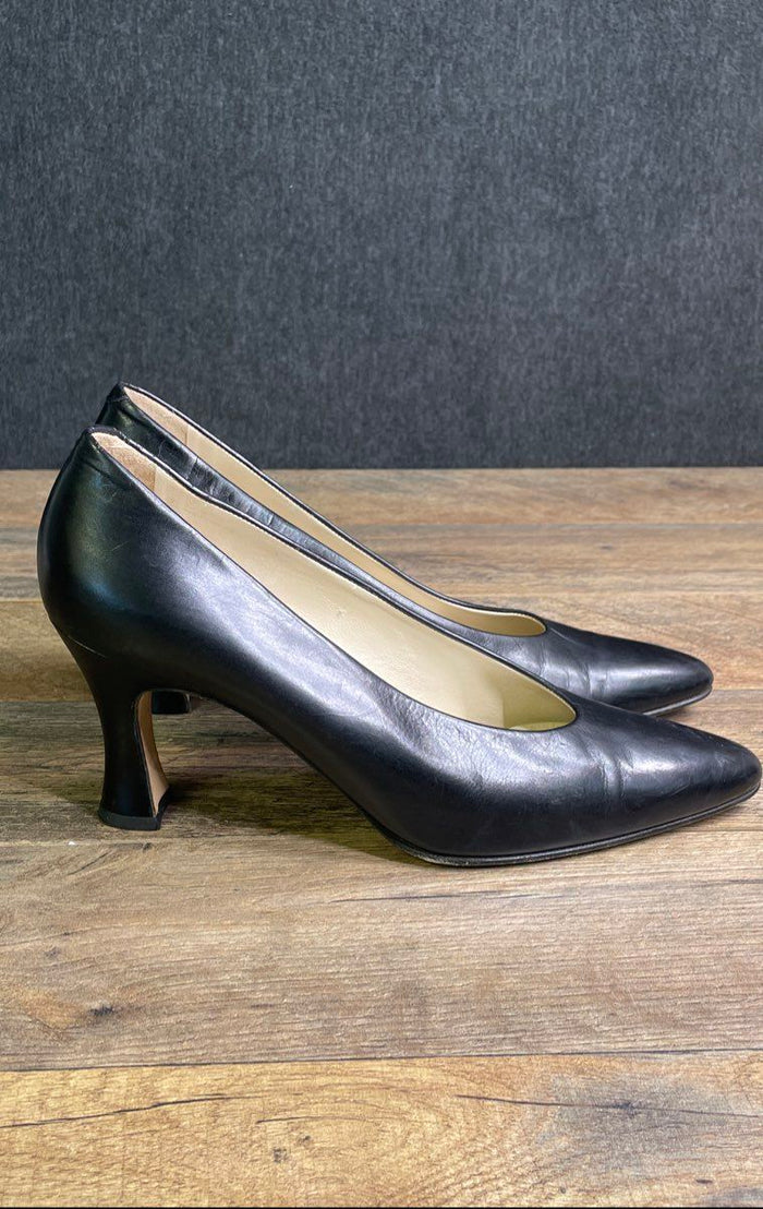 Vintage 90s Bally Black Leather Pointed Toe Pumps Heels Womens Size 8 N