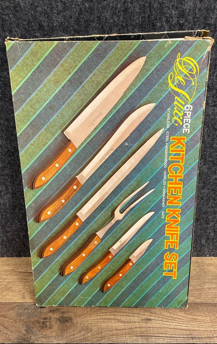 Vintage De Luxe 5pc Kitchen Knife Carving Set Stainless Steel 1970s w/ Box