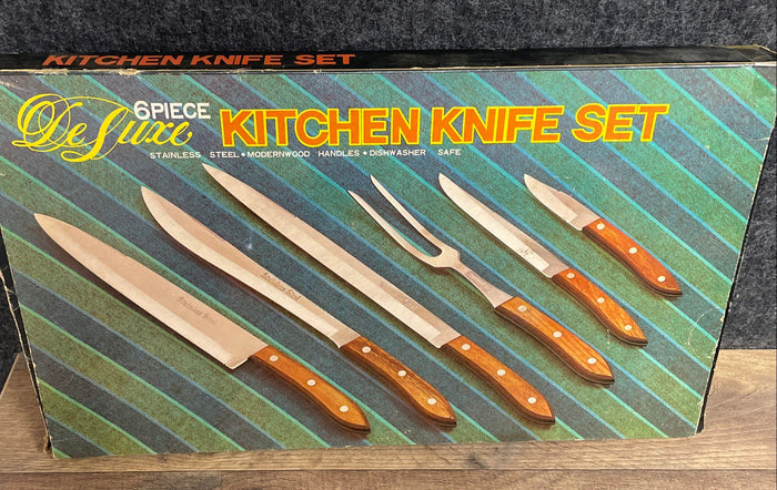 Vintage De Luxe 5pc Kitchen Knife Carving Set Stainless Steel 1970s w/ Box