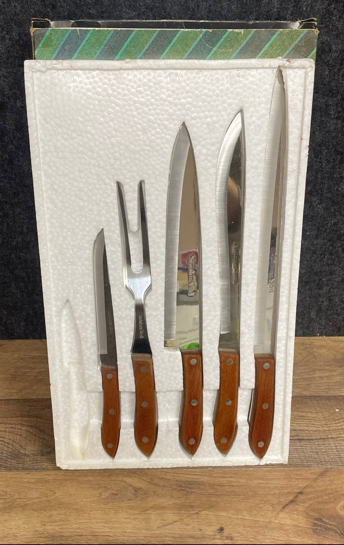 Vintage De Luxe 5pc Kitchen Knife Carving Set Stainless Steel 1970s w/ Box