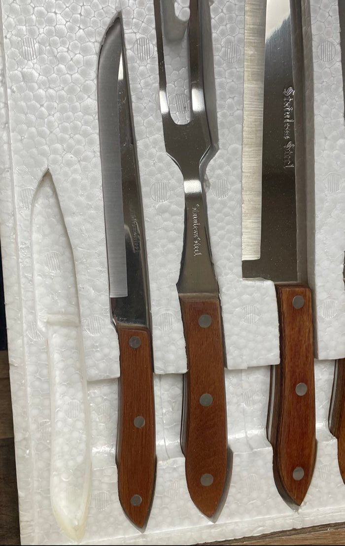 Vintage De Luxe 5pc Kitchen Knife Carving Set Stainless Steel 1970s w/ Box