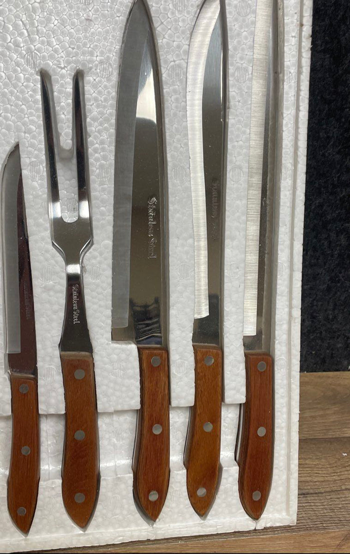 Vintage De Luxe 5pc Kitchen Knife Carving Set Stainless Steel 1970s w/ Box