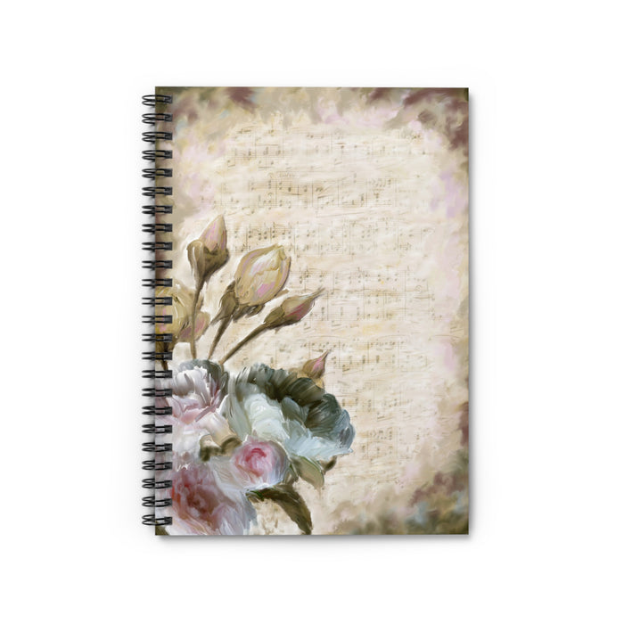 Vintage Floral Spiral Notebook — Ruled Journal with Soft Rose & Sheet Music Design