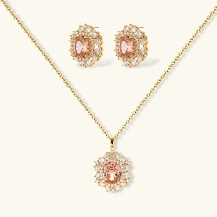 Vintage Glamour necklace and stud earring set with peach oval stones, clear crystal halos, and gold-tone settings