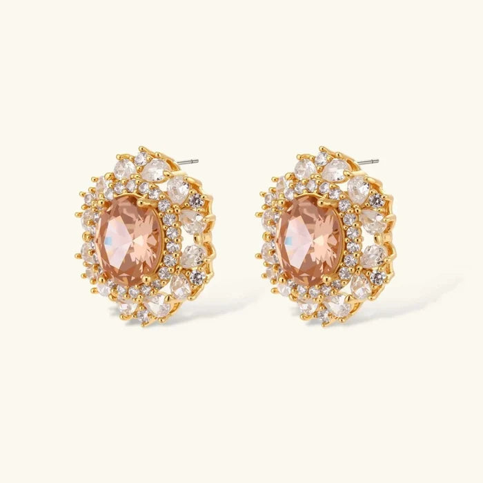 Vintage Glamour necklace and stud earring set with peach oval stones and clear crystal halos in gold-tone settings; matching stud earrings shown