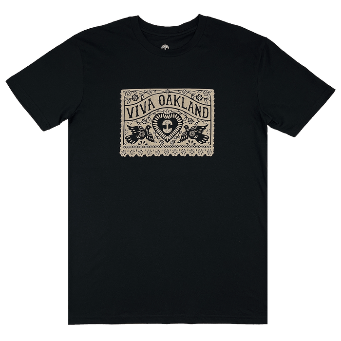 Black t-shirt with intricate lace gold Viva Oakland graphic on the front chest.