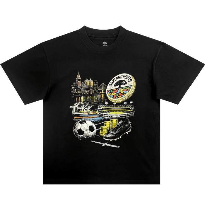 The Wager Tee by Oakland Roots SC is a black t-shirt featuring a vibrant graphic with the Oakland skyline, Roots SC crest, soccer ball, cleats, coins, gold chains, and a stadium—celebrating Oakland soccer culture.