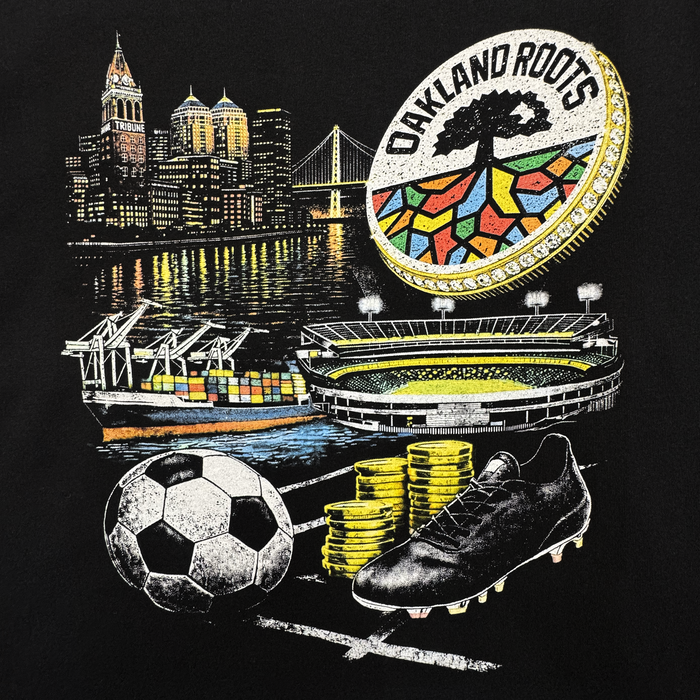 The Wager Tee by Oakland Roots SC features an illustration of Oakland’s night skyline, stadium, container ship, gold coins, soccer ball, black cleat, and the vibrant club logo—perfect for any fan’s wardrobe.