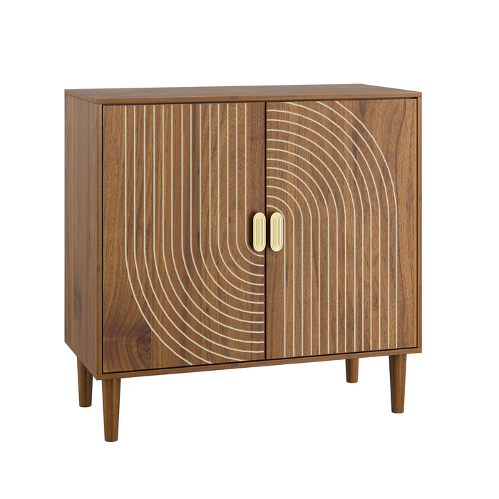 Walnut Salon Storage Cabinet with Line Groove Design