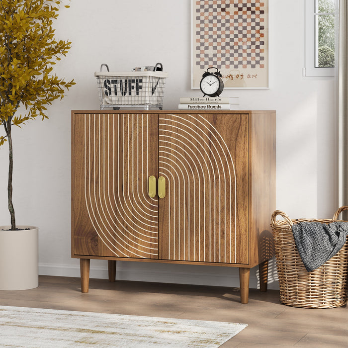Walnut Salon Storage Cabinet with Line Groove Design