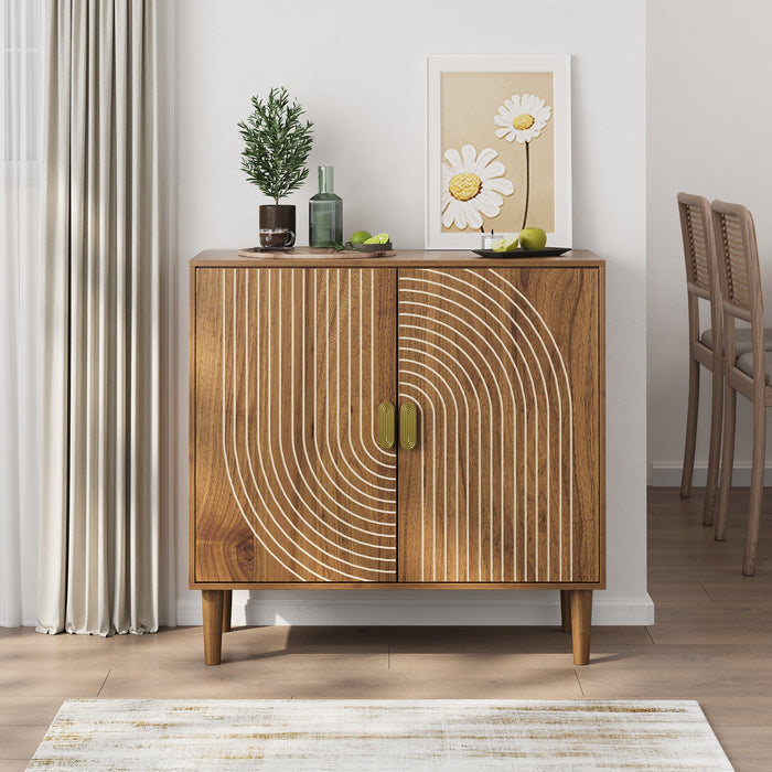 Walnut Salon Storage Cabinet with Line Groove Design