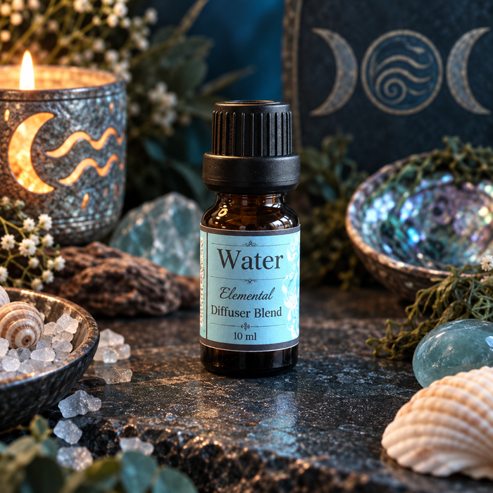 A 10 ml amber glass bottle of Water diffuser blend styled on a dark stone surface with a glowing brass candle, crystals, and shells.