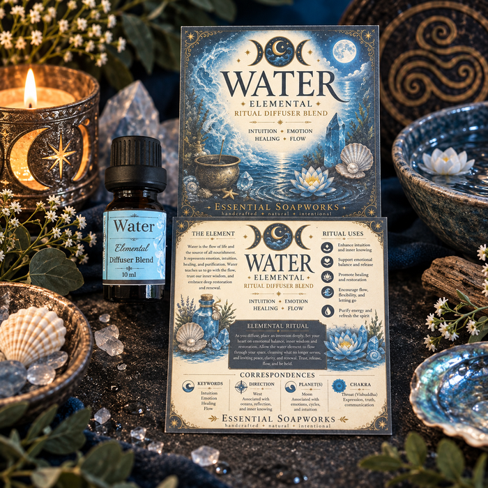 A styled product display for 'Water Elemental Ritual Diffuser Blend' by Essential Soapworks, featuring a small essential oil bottle and an informational card, surrounded by decorative crystals, shells, a candle, and a lotus bowl on a dark textured surface