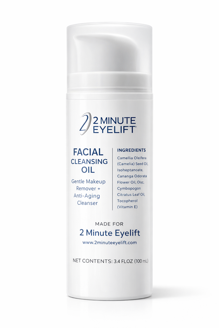 Facial cleansing oil bottle labeled '2 Minute Eyelift' on a white background