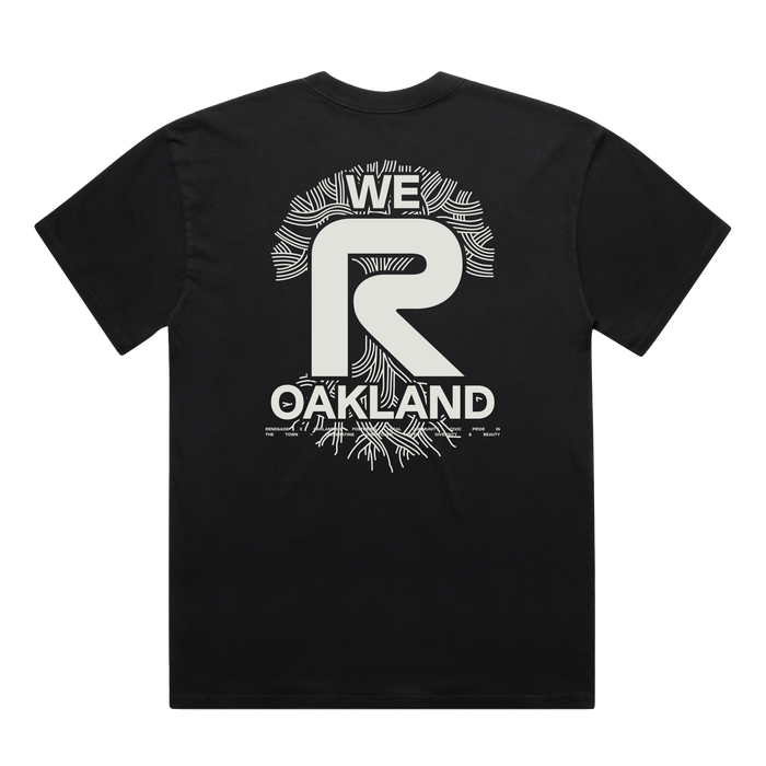 The Oaklandish We R Oakland Tee is a black classic fit shirt with a bold white “WE R OAKLAND” design and dynamic radiating lines on the back, inspired by the running community and Renegade Running spirit.