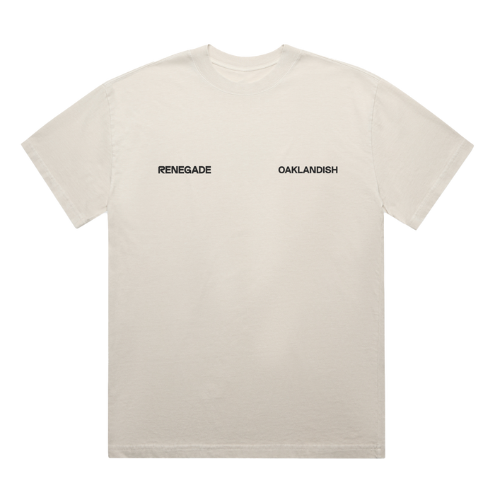 The Oaklandish We R Oakland Tee is a classic fit, light beige t-shirt shown laid flat. Small black text reads "RENEGADE" on the left chest and "OAKLANDISH" on the right, celebrating Oakland’s running community. No other graphics are visible.
