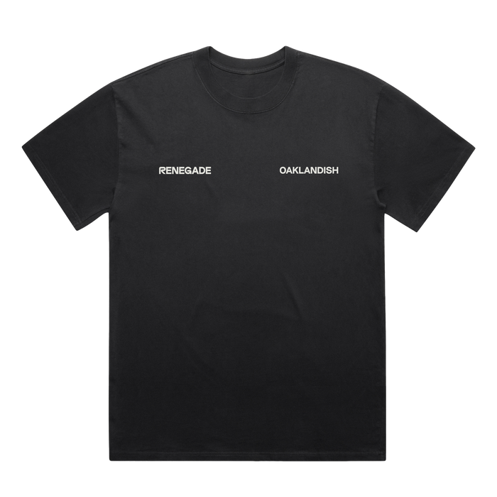 A classic fit We R Oakland Tee by Oaklandish laid flat on a white background, featuring bold “RENEGADE” and “OAKLANDISH” text—a tribute to Renegade Running and Oakland’s running community.