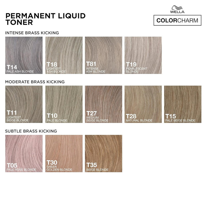 Wella Color Charm permanent liquid toner swatch chart showing T14 T18 T81 T19 and including T27 medium beige blonde hair toner