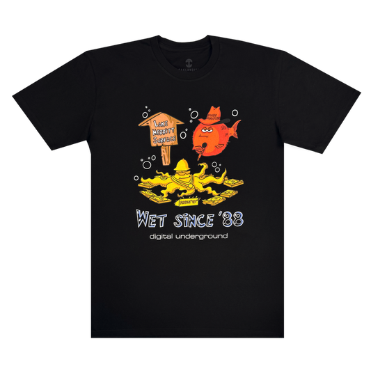 The Wet Since ’88 Tee by Other features a black base with hand-drawn yellow and orange cartoon fish. A playful speech bubble declares, “LIKE A PEACH, BROTHER!” while white text below reads “Wet Since ’88” and “digital underground.” Inspired by the fun energy of Underwater Rimes and Digital Underground, this Oakland t-shirt is ideal for those who love bold, creative style.