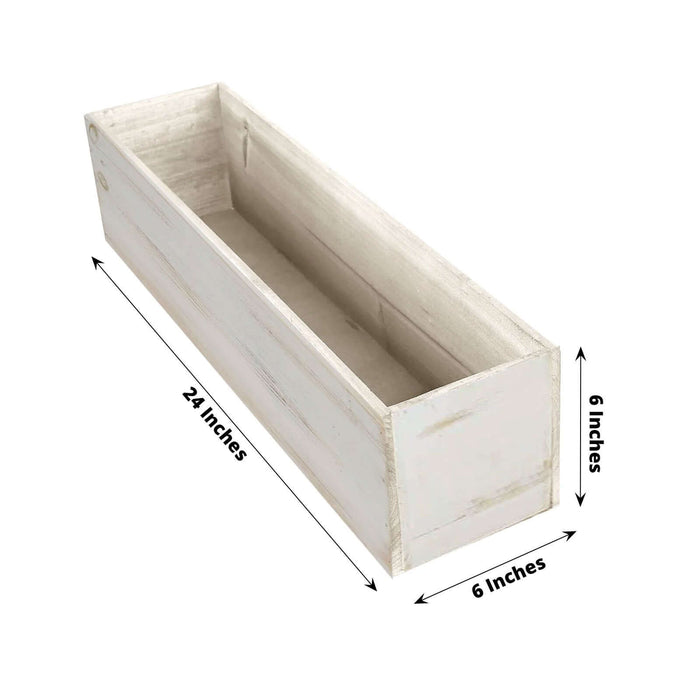 White wooden planter box, 24x6x6 inches, studio shot.
