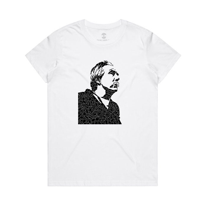 The Women's Coach Beam's Legacy Tee by Oaklandish features a black and white graphic of a face in profile, with abstract, labyrinth-like patterns inspired by Oakland youth for a bold visual impact.