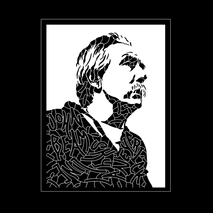 The Women's Coach Beam's Legacy Tee by Oaklandish features a black and white portrait inspired by Coach John Beam, with abstract lines and "JOHN" text, celebrating Oakland youth, all within a thin white border.