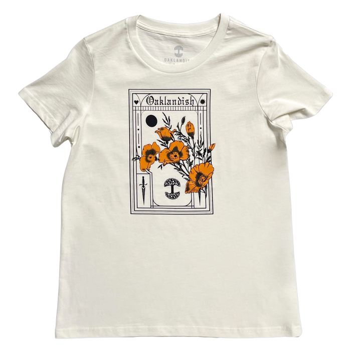 Made from soft cotton, the Women's Blossom Tee by Oaklandish presents an artistic design with bright orange poppies. It features a black abstract sun and geometric shapes, with the word "Outlandish" elegantly arched above the scene.